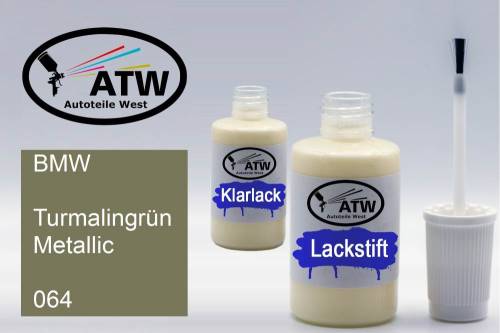 BMW, Turmalingrün Metallic, 064: 20ml Lackstift + 20ml Klarlack - Set, von ATW Autoteile West.